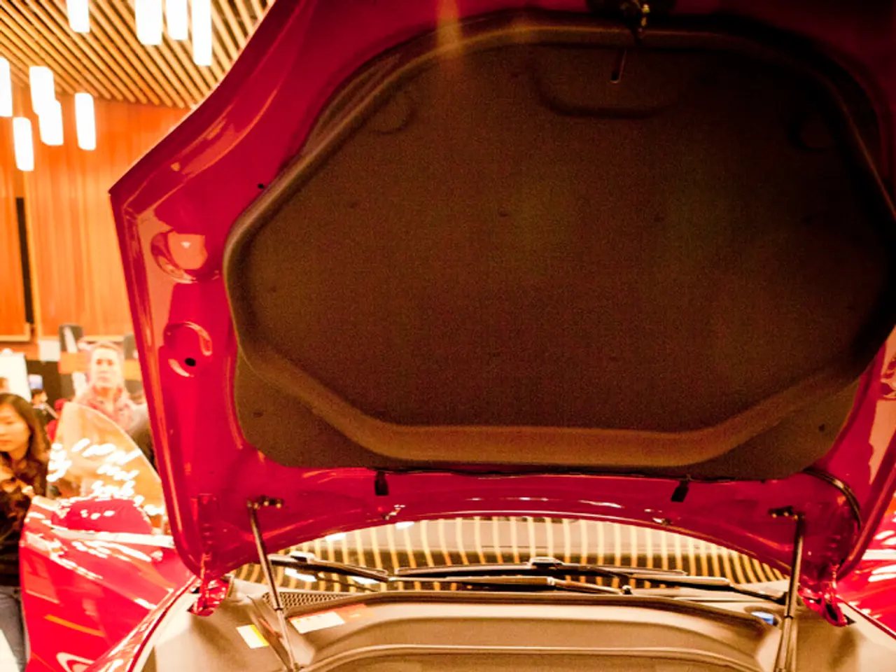 In this image we can see the trunk of a car, people standing on the floor and electric lights...