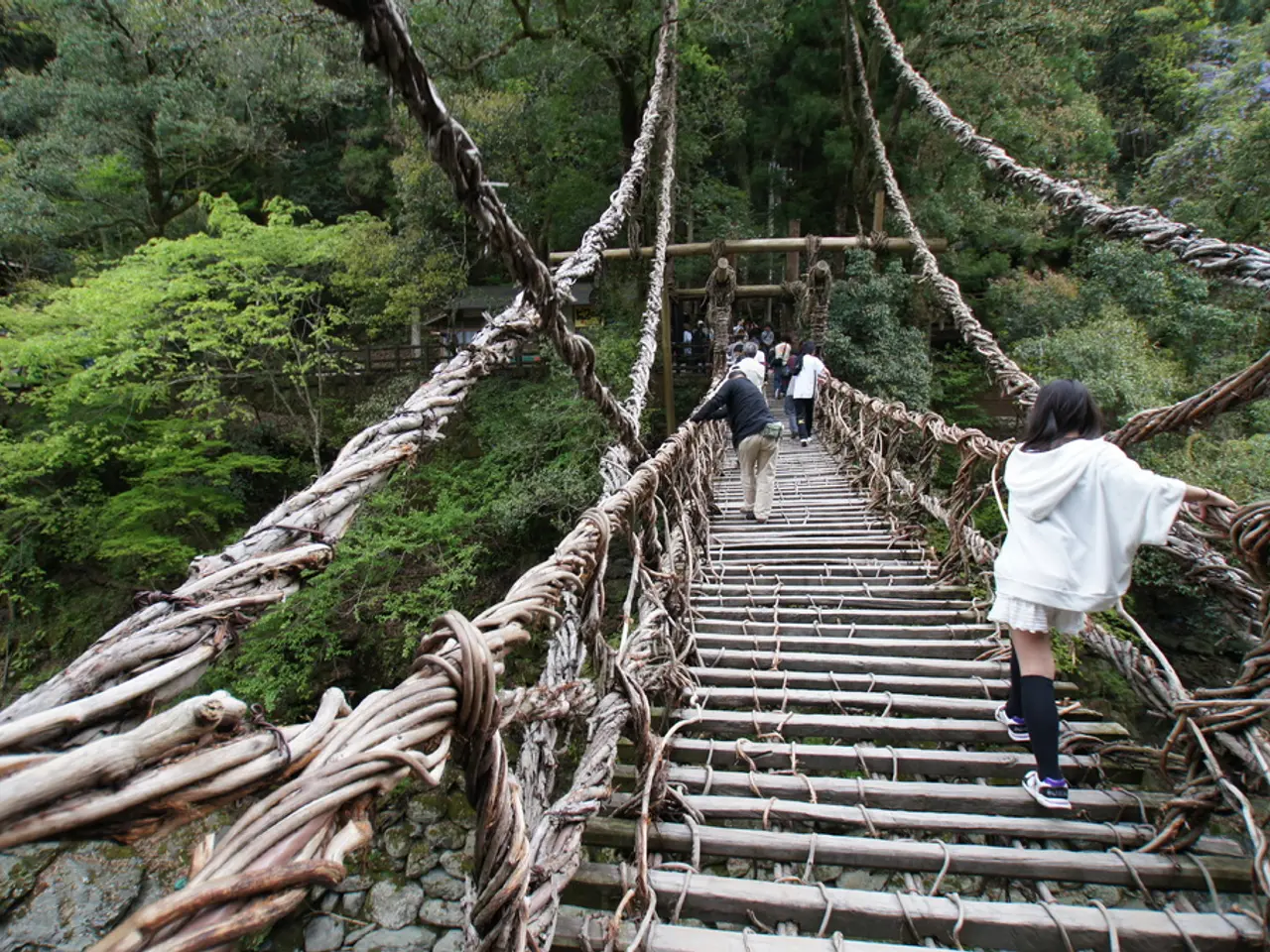 In this image, we can see a bridge. Few people are walking on the bridge. Background we can see so...