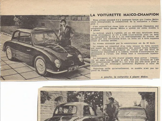 In this image there are paper clippings, on that there are cars and some text.