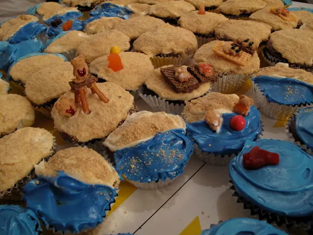 In this image we can see muffins on the table.