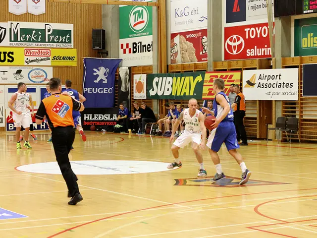 In this picture there is a view of the basketball court. In the front there are some players,...