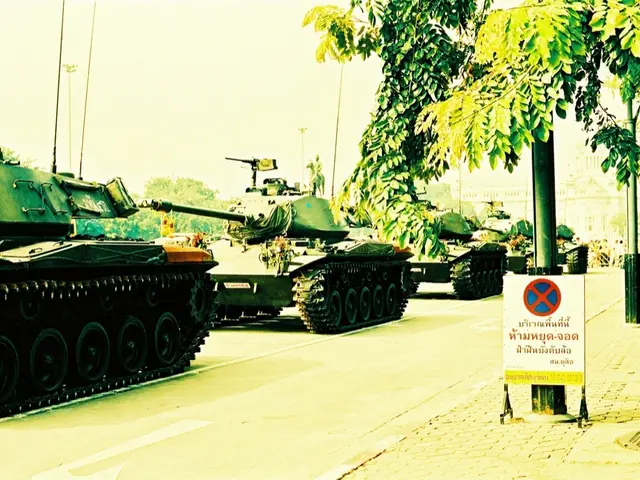 In this picture I can observe military tankers moving on the road. On the right side there are...