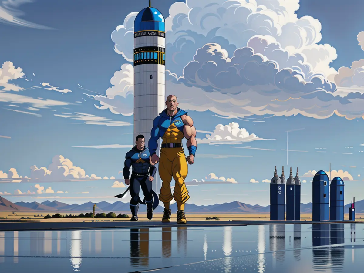 The team of Blue Origin's New Shepard, comprising Jeff Bezos, Wally Funk, Oliver Daemen, and Mark Bezos, posed for a snapshot close to the booster post their space voyage in the Blue Origin New Shepard spacecraft on July 20, 2021, in Van Horn, Texas. The team from Blue Origin's New Shepard, led by Jeff Bezos, Wally Funk, Oliver Daemen, and Mark Bezos, posed for a photograph close to the booster following their space journey in the New Shepard rocket on July 20, 2021, in Van Horn, Texas.