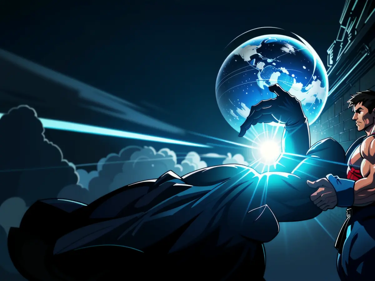 An individual depicted with a globe suspended above and a digital cloud supporting it.