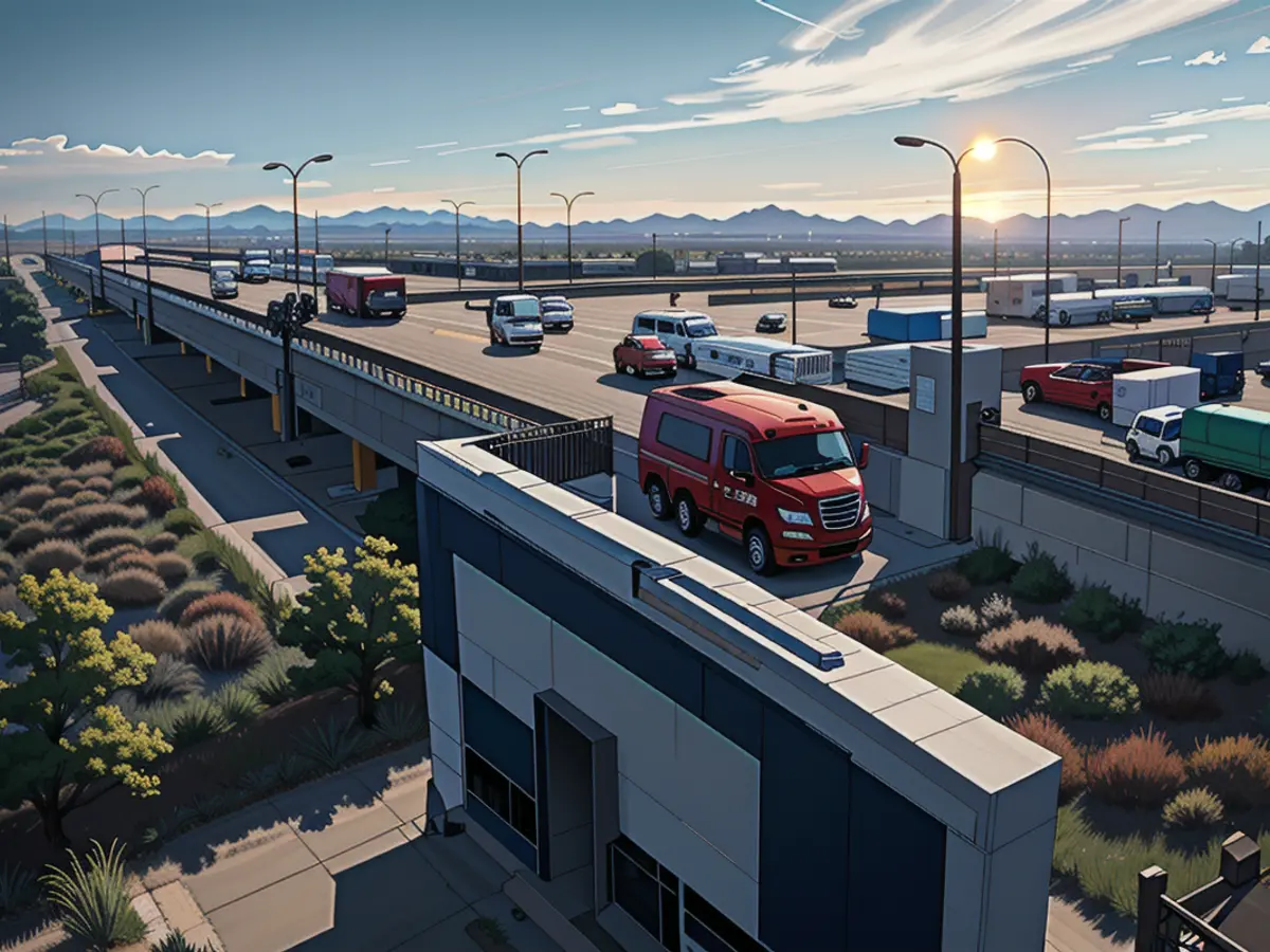 Large articulated trucks stand in a queue at the Ysleta-Zaragoza International Bridge border checkpoint, situated on the United States-Mexico boundary in Juarez, Chihuahua state, Mexico, on December 20, 2024.