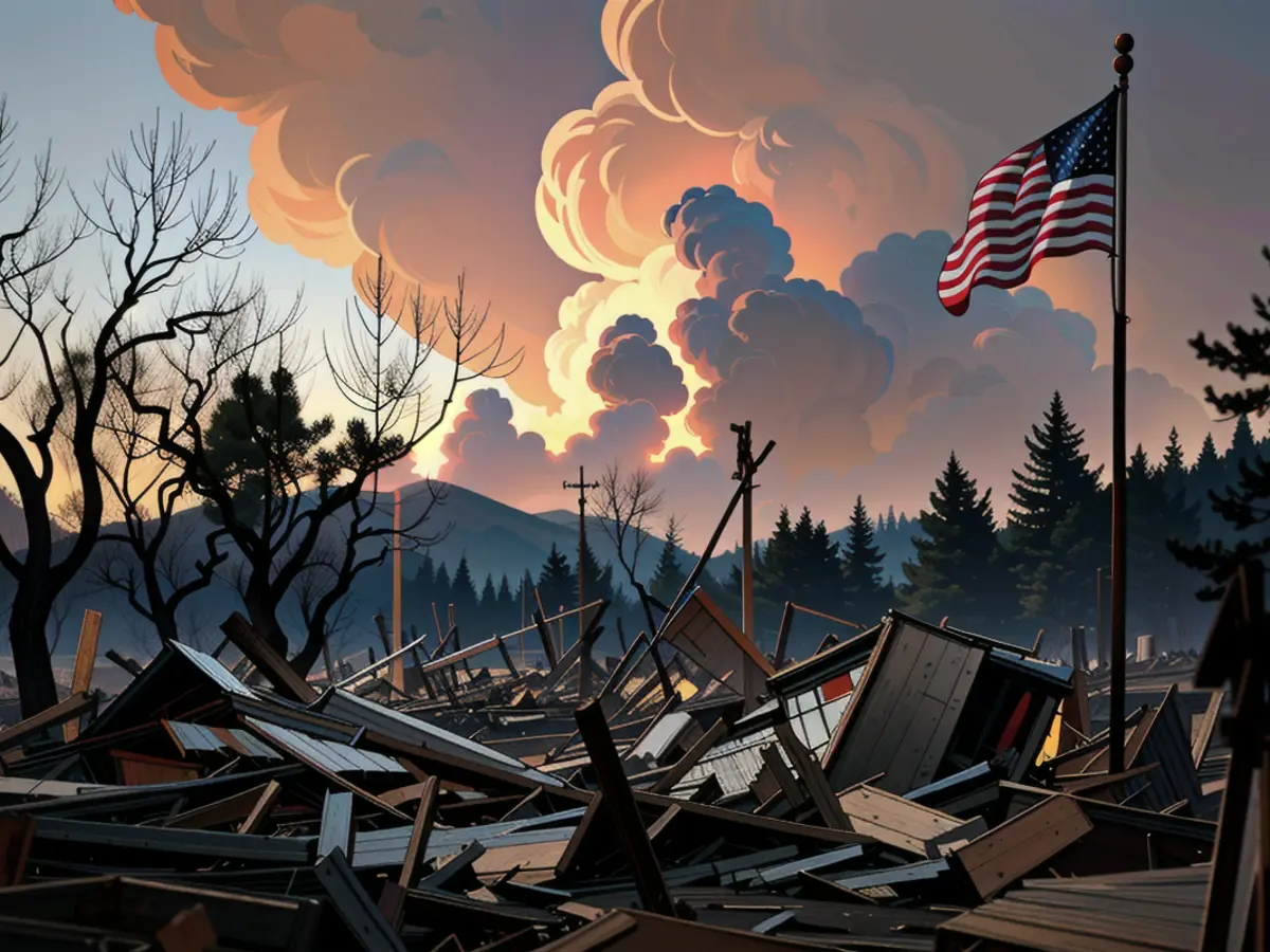 Wildfires ravaging the Los Angeles area leave a trail of destruction, with the American flag starkly waving over the ruins of once-thriving homes. Powerful winds fuel the inferno, forcing hasty evacuations in the Pacific Palisades neighborhood of the city's westside.