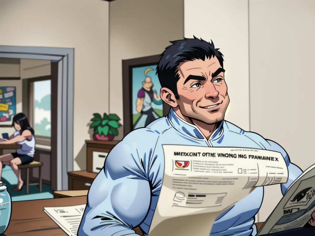 An individual exhibiting a cheerful expression as they peruse a financial publication at a home table.