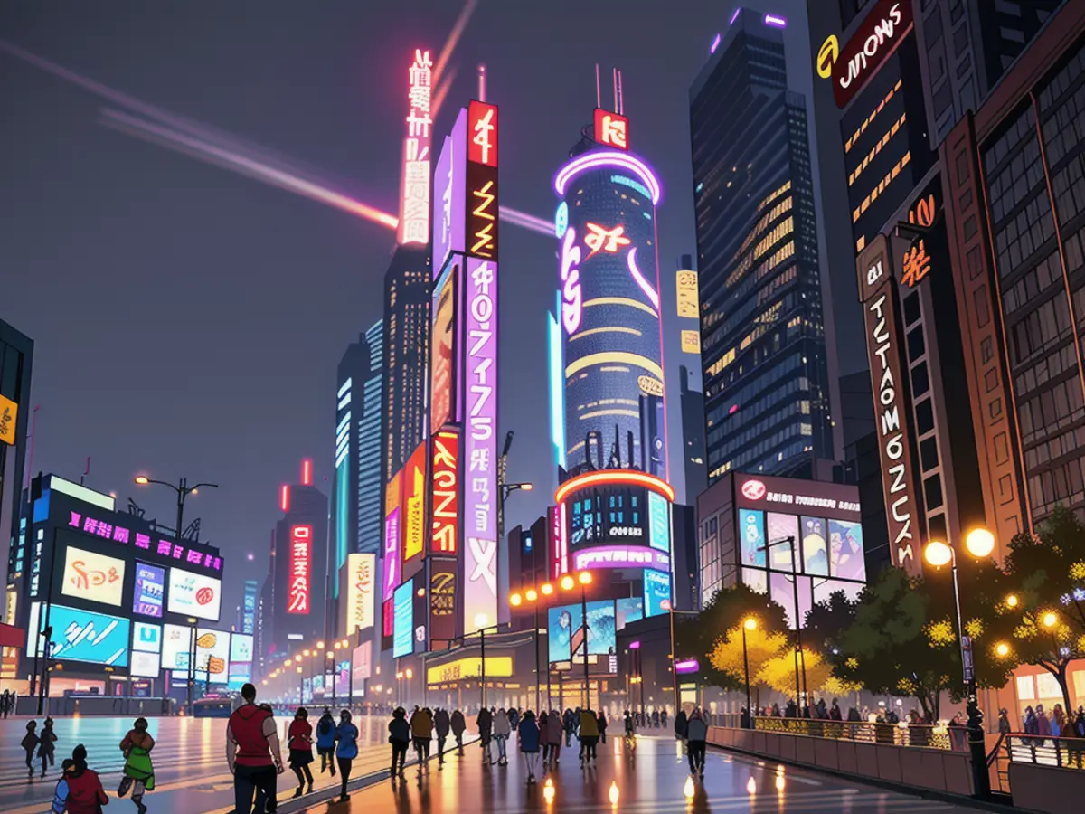 Chengdu's structures are illuminated with figures from 'Ne Zha 2', as shown on February 12, 2025.