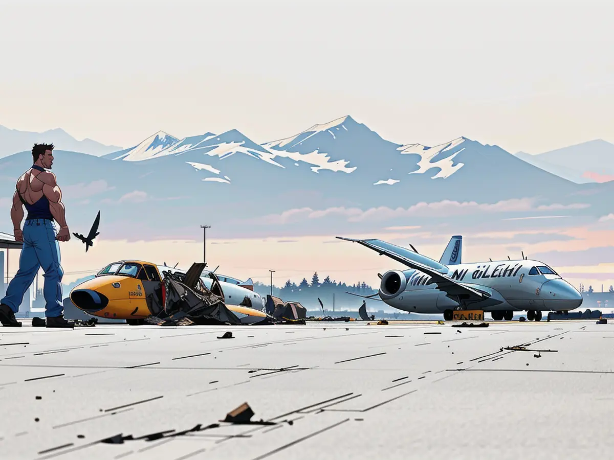 The damaged Delta Air Lines-managed CRJ900 airplane rests on the airport's runway following a...